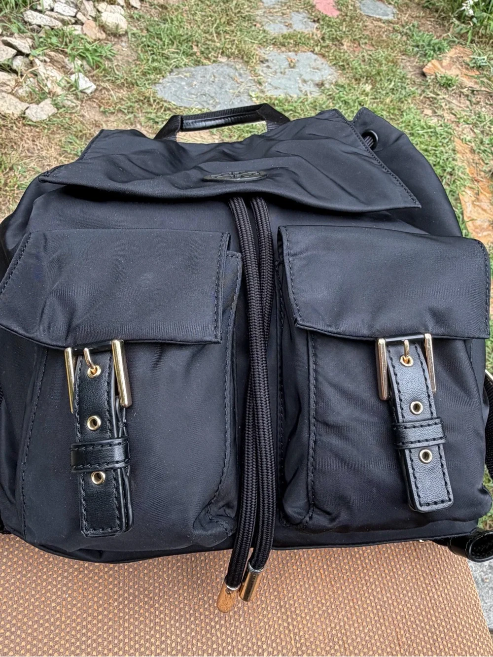 Tory Burch Black Nylon Backpack with Front Pockets Gold hardware Front logo